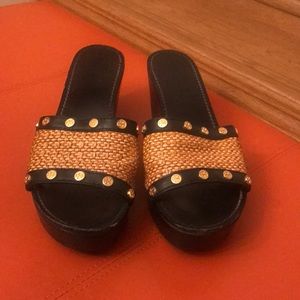 Tory Burch Joanie studded straw Wedge Sandals